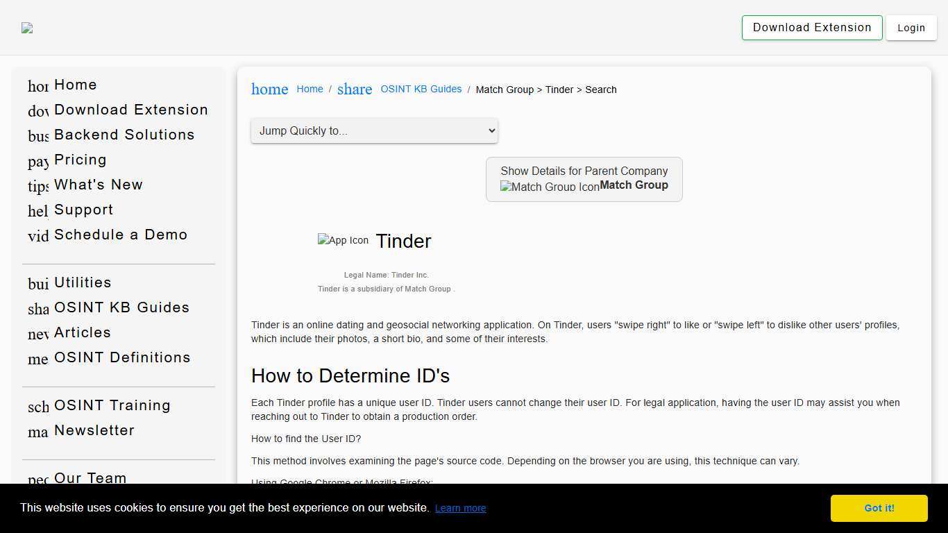 Forensic OSINT KB Article for Match Group > Tinder > Search